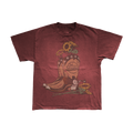 A vintage washed crimson red unisex t-shirt featuring a western boot with sunflowers design printed on the front with THE STROKES classic logo on the boot.