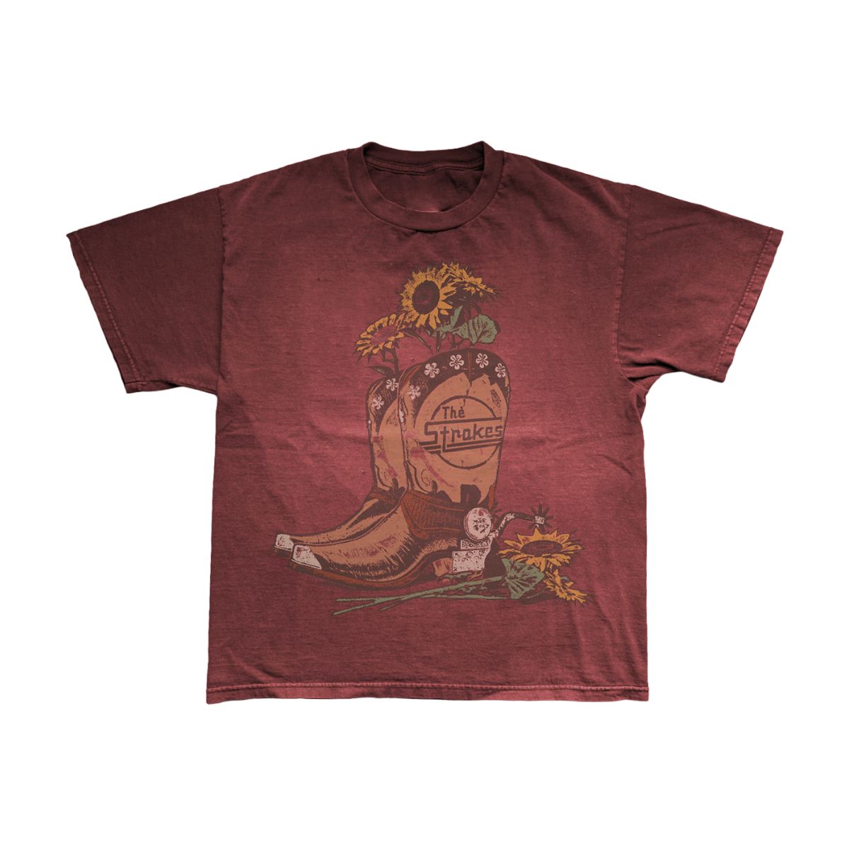 A vintage washed crimson red unisex t-shirt featuring a western boot with sunflowers design printed on the front with THE STROKES classic logo on the boot.