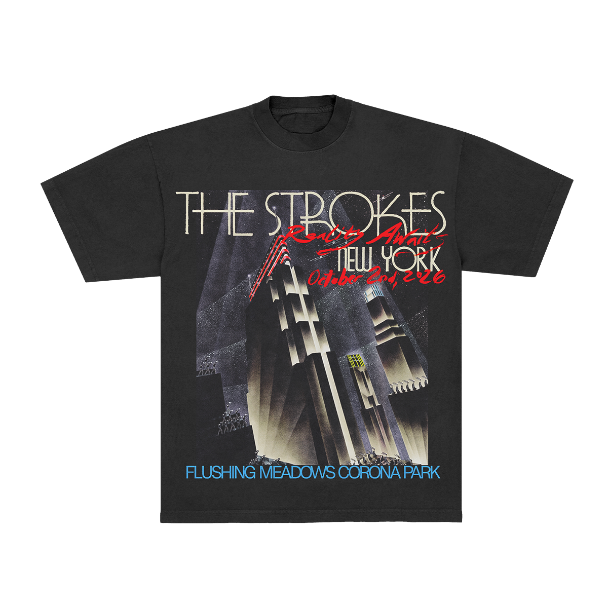 A black short-sleeve graphic T-shirt featuring 'The Strokes' album artwork for 'New York' from October 24, 1986, with 'Flushing Meadows Corona Park' text at the bottom, shown on a plain white background.