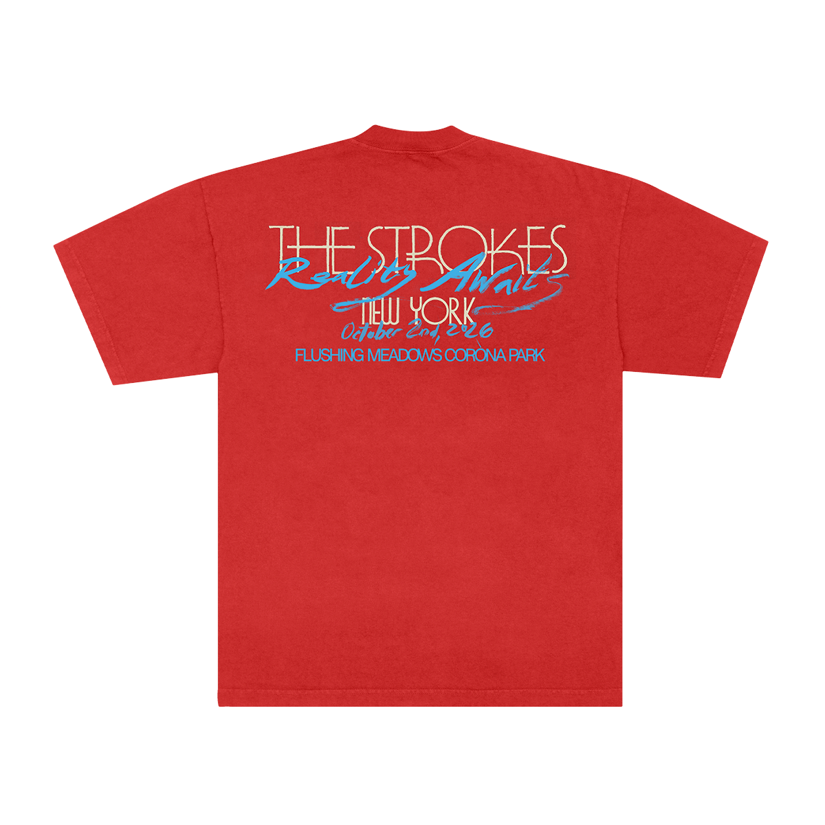 A red short-sleeve t-shirt shown from the back, featuring a graphic print with the text 'THE STROKES' in white outlined letters, 'Rolling Animals' in blue script, 'New York' in orange, and additional blue text below, displayed on a solid white background.
