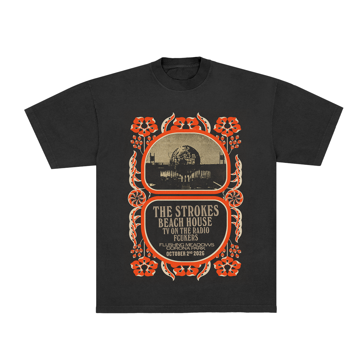 A black short-sleeve crewneck t-shirt featuring a vintage-style orange and beige graphic print for 'The Strokes - Beach House TV on the Radio Tour 2026' in Albuquerque, New Mexico, shown flat on a white background.