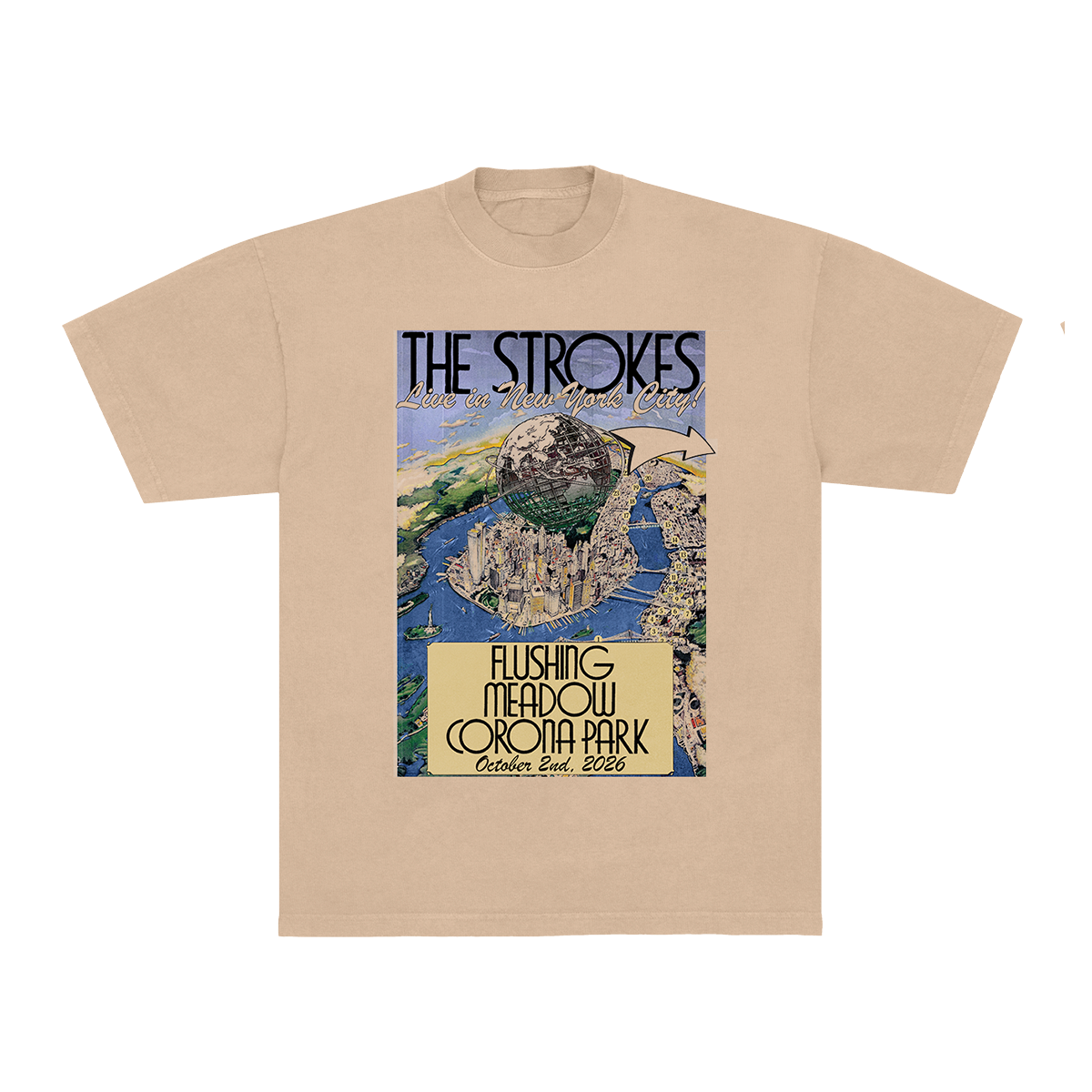 A beige crewneck t-shirt featuring a vintage-style concert poster graphic for 'The Strokes' 'Flushing Meadows Corona Park' on the front, displayed against a solid white background.