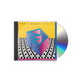 CD poking out of the case with a cover art featuring a geometric design with pink and blue blocks on a checkered background, with the album title 'Angles' and the artist name 'The Strokes'.