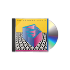 CD poking out of the case with a cover art featuring a geometric design with pink and blue blocks on a checkered background, with the album title 'Angles' and the artist name 'The Strokes'.