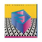 The album cover art featuring a geometric design with pink and blue blocks on a checkered background, with the album title 'Angles' and the artist name 'The Strokes'.