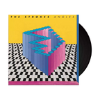 A black vinyl poking out of the case with a cover art featuring a geometric design with pink and blue blocks on a checkered background, with the album title 'Angles' and the artist name 'The Strokes'.