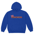 A royal blue, heavyweight pullover hoodie with a red "THE" Text above a rainbow stylized "Strokes" text