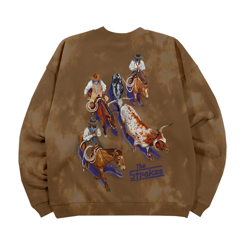 The Back of a Brown Tie-Dye  Crewneck featuring a western cattle drive scene graphic with a Blue The Strokes Logo. 