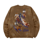 The Back of a Brown Tie-Dye  Crewneck featuring a western cattle drive scene graphic with a Blue The Strokes Logo. 