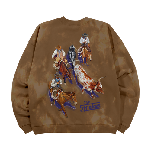 The Back of a Brown Tie-Dye  Crewneck featuring a western cattle drive scene graphic with a Blue The Strokes Logo. 