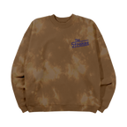The Front of a Brown Tie-Dye  Crewneck featuring a classic logo pocket The Stokes Blue Logo 