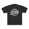 A black crewneck t-shirt with the 'The Strokes' band logo screenprinted in a chrome style on the front.