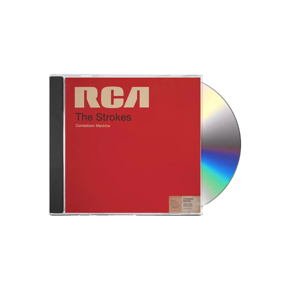 The album artwork for The Strokes' Comedown Machine CD is displayed flat against a plain, The cover mimics a vintage RCA magnetic tape box, featuring a bold, textured red background with a prominent yellow stripe down the left side and a classic, cream-colored RCA manufacturer label across the top. The album title is stamped in a minimalist, black sans-serif font across the center, giving the packaging a retro, analog media aesthetic.