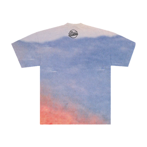 Back of a T-shirt with a mountain range background and a black "The Strokes". symbol underneath the neck collar. 