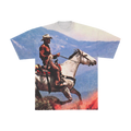 Front of a T-shirt with Cowboy on a horse with a mountainous background 