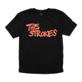 black unisex crewneck t-shirt with a neon pink and yellow THE STROKES logo printed across the front in a spray paint style font
