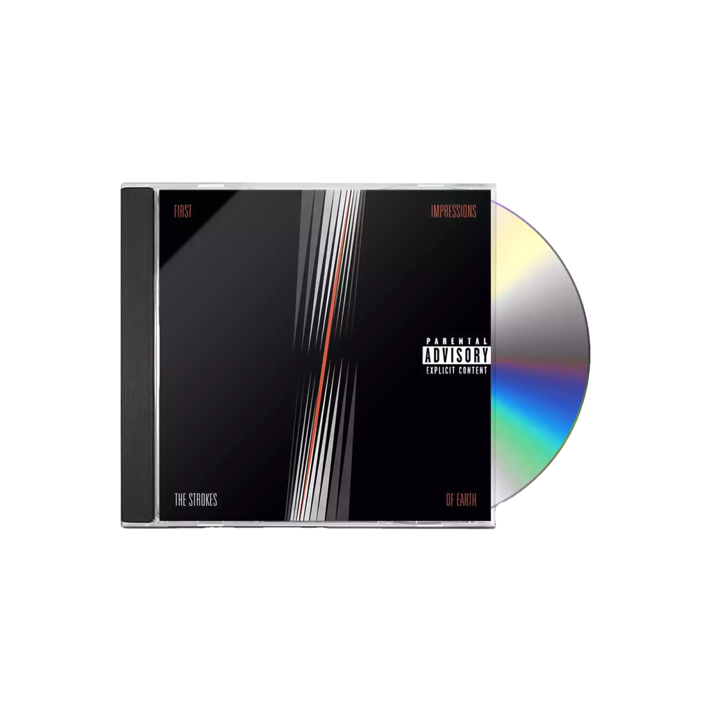 CD case and disc for 'First Impressions Of Earth' by The Strokes with a 'Parental Advisory' label.