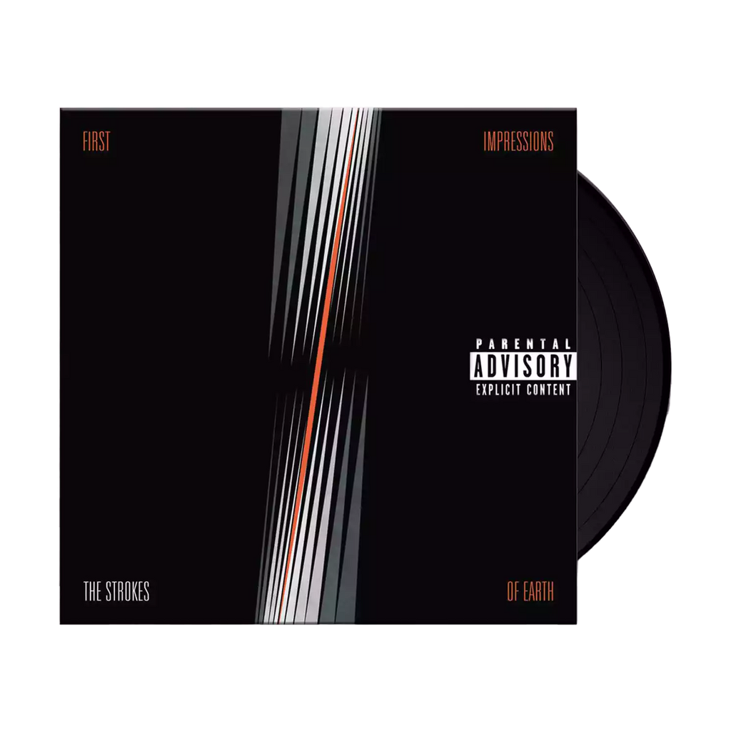 The album cover and Vinyl of 'First Impressions Of Earth' by The Strokes with a 'Parental Advisory' label. The cover has a black background with white and red lines, and the text 'The Strokes - First Impressions Of Earth - LP'.