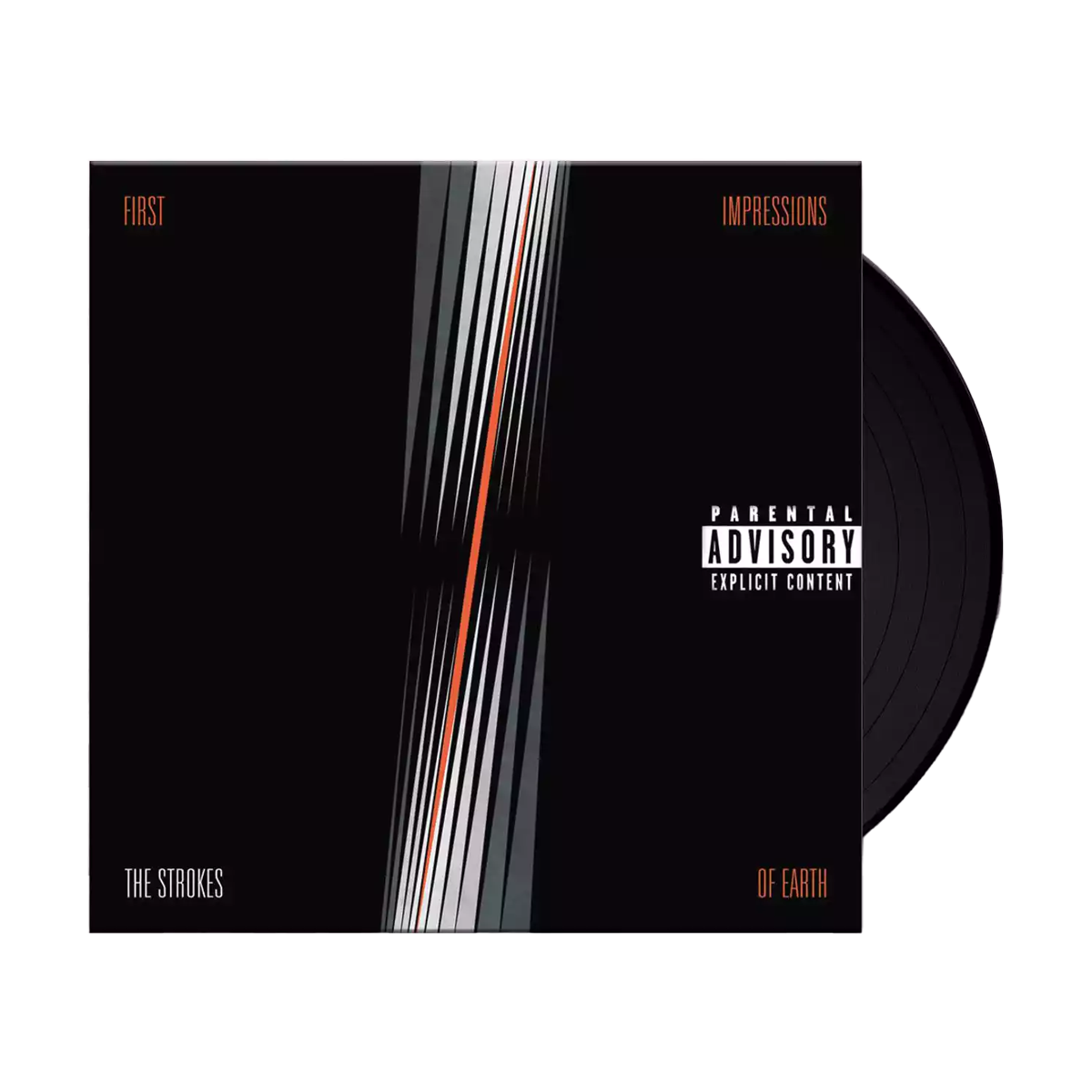 The album cover and Vinyl of 'First Impressions Of Earth' by The Strokes with a 'Parental Advisory' label. The cover has a black background with white and red lines, and the text 'The Strokes - First Impressions Of Earth - LP'.