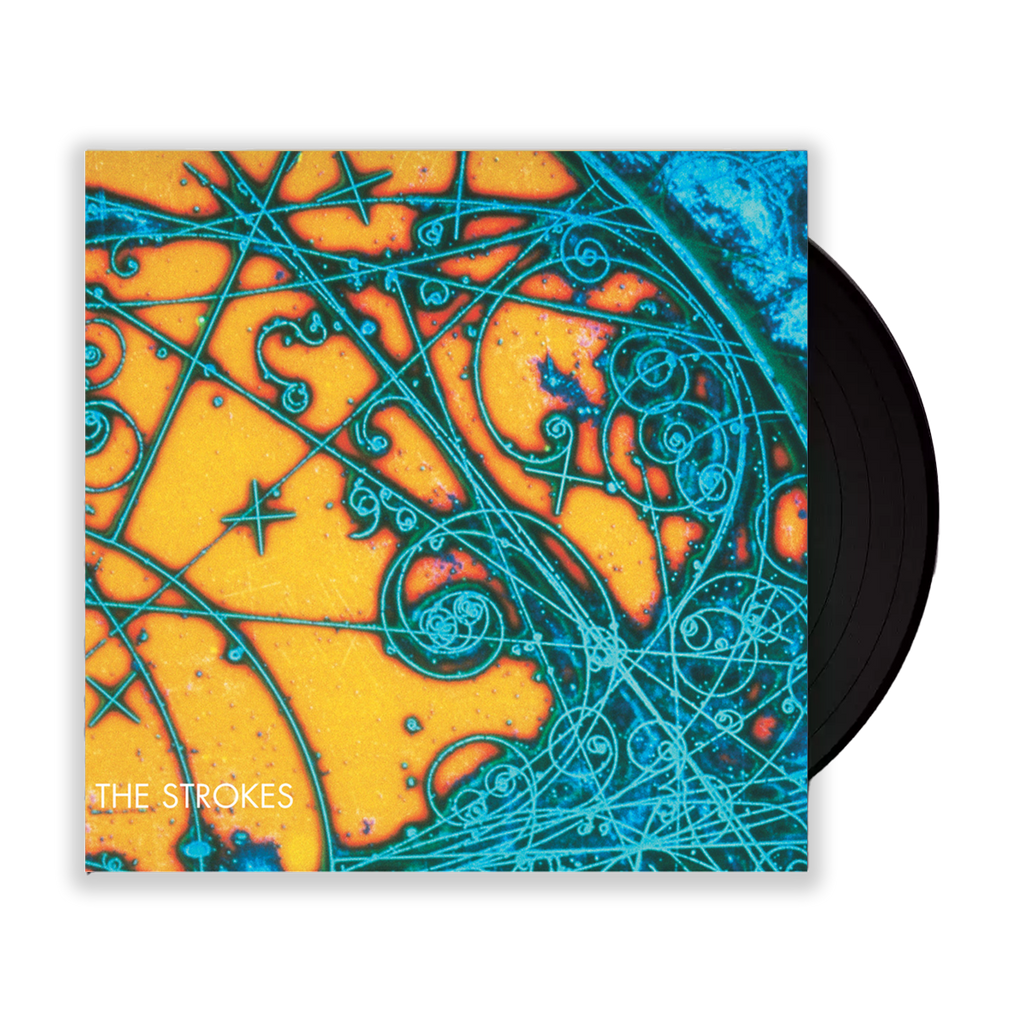 The album cover of 'Is This It LP' by The Strokes. It features a colorful, abstract design with blue and orange predominating, and the band's name at the bottom left in white with a black vinyl poking out. 