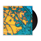 The album cover of 'Is This It LP' by The Strokes. It features a colorful, abstract design with blue and orange predominating, and the band's name at the bottom left in white with a black vinyl poking out. 