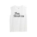 White sleeveless shirt with stressed 'The Strokes' text across the chest. 