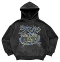 A hooded sweatshirt in shadow grey with 'The Strokes' text and an image of the band in a vintage style on the front.
