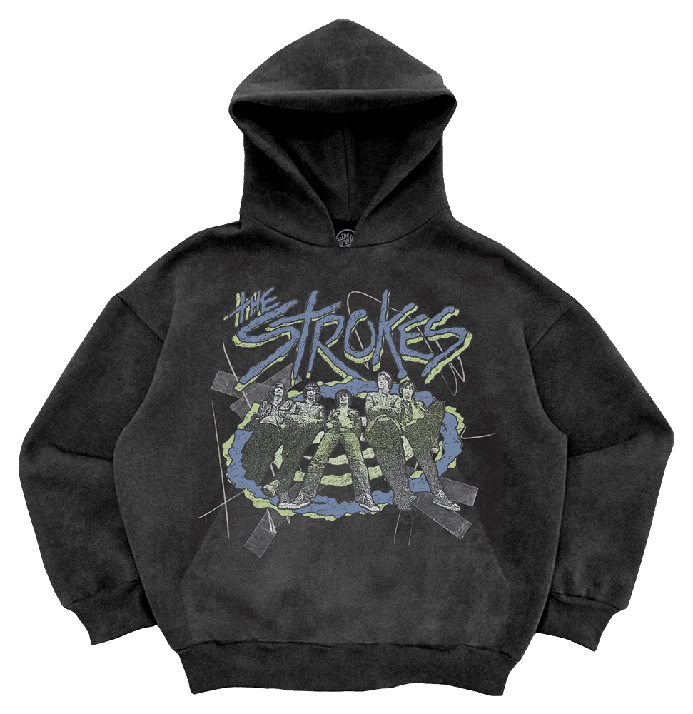 A hooded sweatshirt in shadow grey with 'The Strokes' text and an image of the band in a vintage style on the front.
