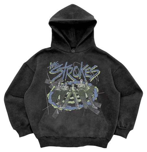 A hooded sweatshirt in shadow grey with 'The Strokes' text and an image of the band in a vintage style on the front.