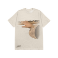 White distressed unisex tee with a vintage piano design with a hand playing keys with a white cuff printed on the front in a art style. There is also a Strokes in the bottom right in a stylized script.