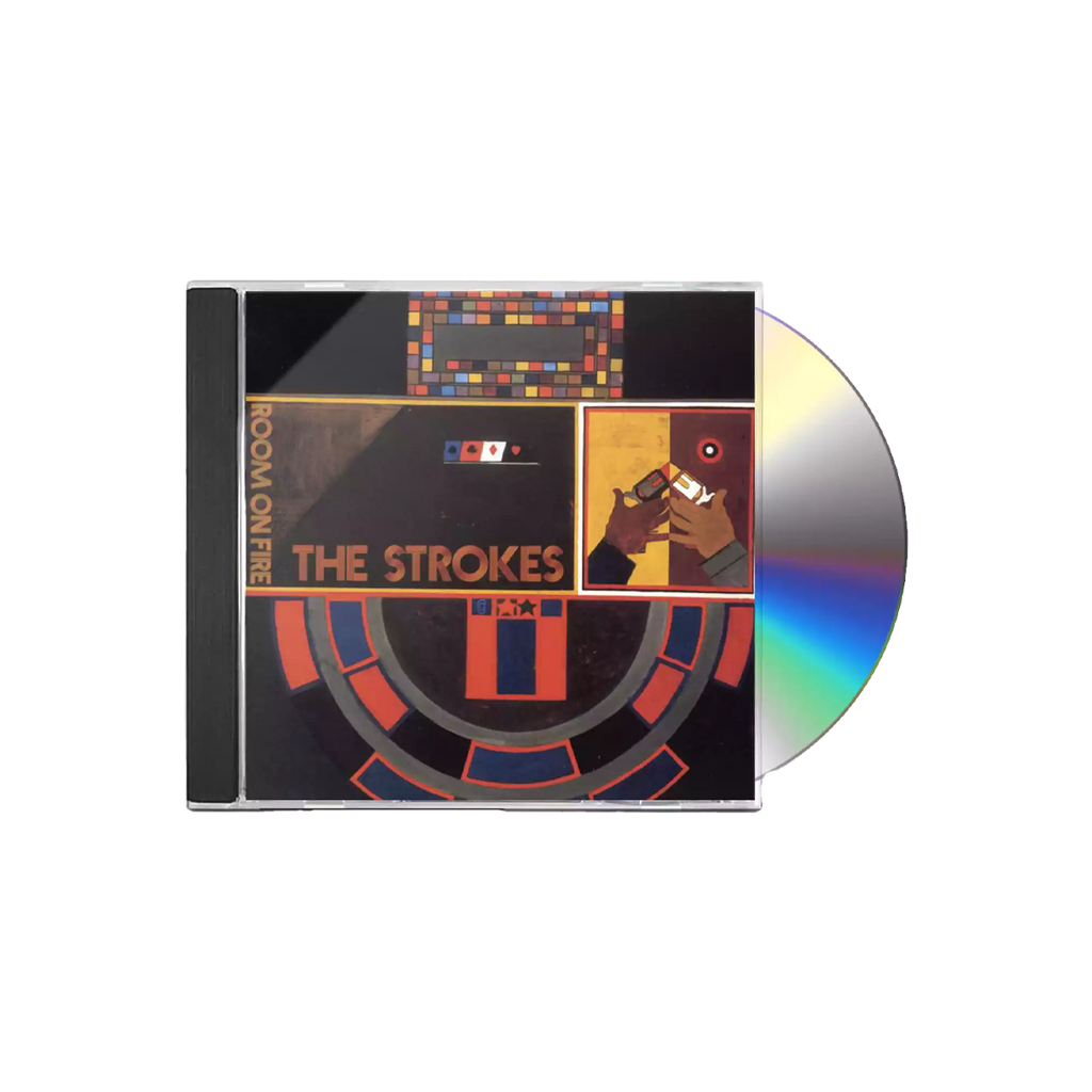 The CD, CD case and cover for The Strokes' album Room on Fire The cover features an oil painting artwork dominated by textured brushstrokes in shades of gold, black, red, and cream, depicting a stylized figure and abstract forms. The band's name, "THE STROKES" and the album title, "room on fire," are written in a small, elegant cursive script in the upper-right corner, maintaining the album's signature classic art aesthetic.