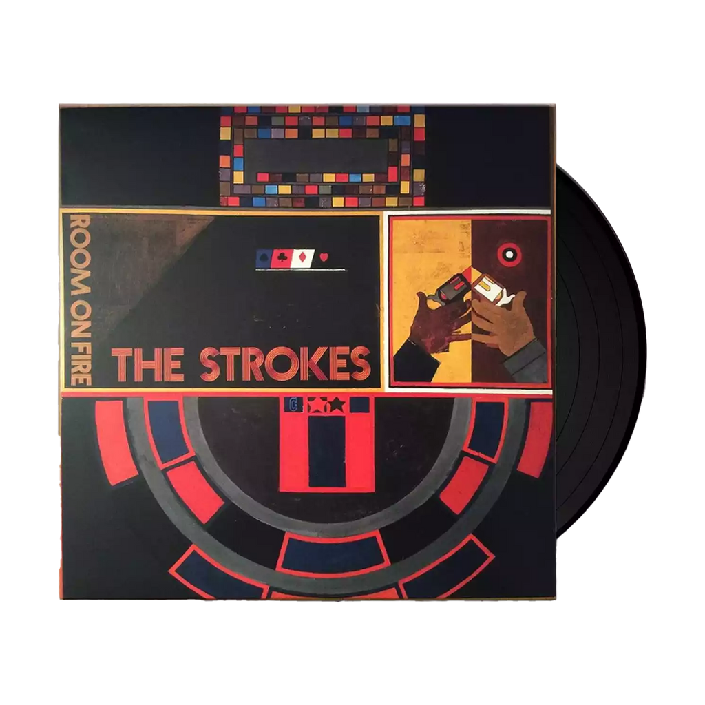 The vinyl LP packaging for The Strokes' album Room on Fire The cover features an oil painting artwork dominated by textured brushstrokes in shades of gold, black, red, and cream, depicting a stylized figure and abstract forms. The band's name, "THE STROKES" and the album title, "room on fire," are written in a small, elegant cursive script in the upper-right corner, maintaining the album's signature classic art aesthetic.