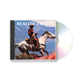 The Strokes Reality Awaits CD Case  with a cowboy on a horse in front of a mountainous background. The CD is poking out of the CD Case.