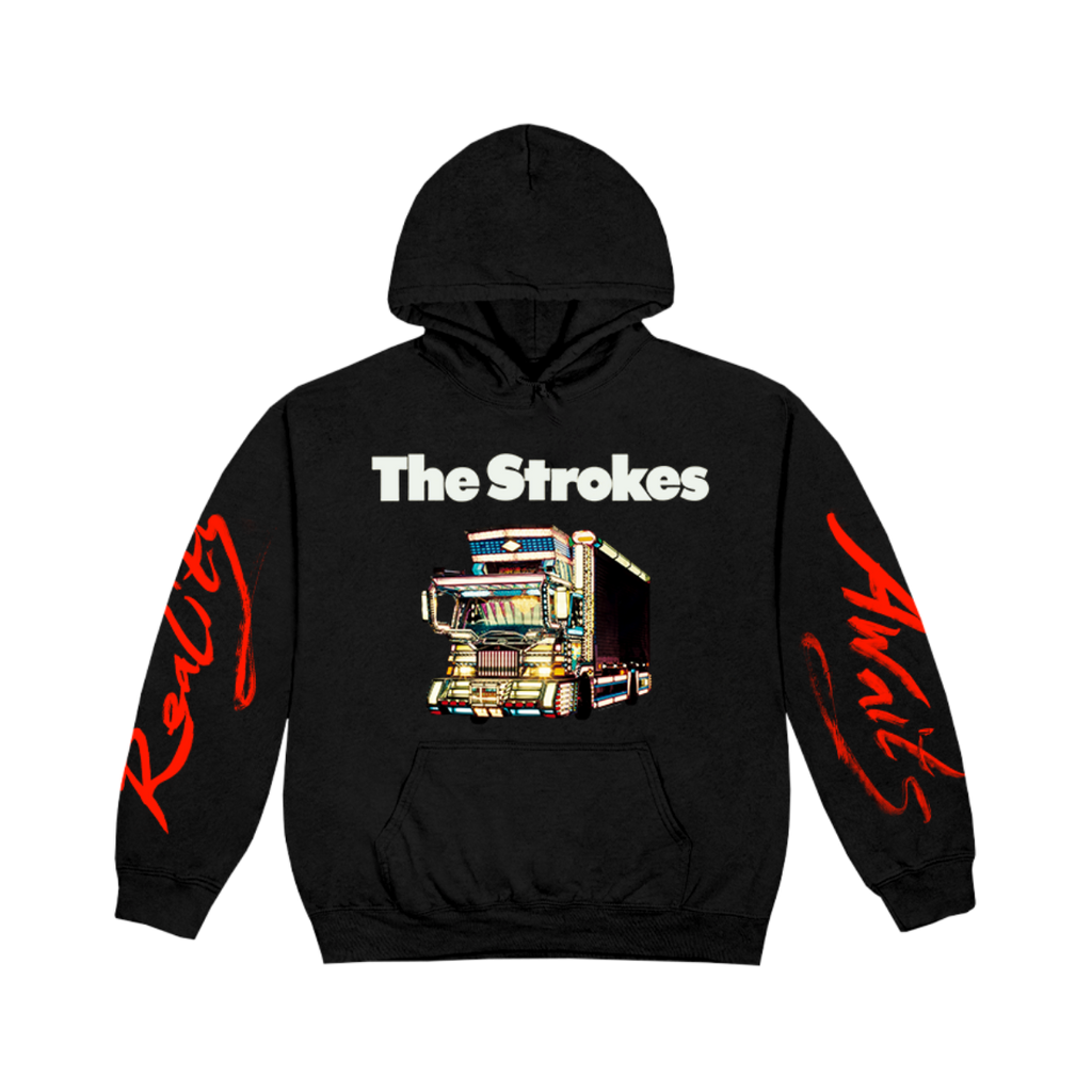 A black pullover hoodie featuring The Strokes logo across the chest with a bold dekotora design below, finished with oversized red script down both sleeves.