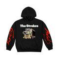 A black pullover hoodie featuring The Strokes logo across the chest with a bold dekotora design below, finished with oversized red script down both sleeves.