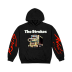 A black pullover hoodie featuring The Strokes logo across the chest with a bold dekotora design below, finished with oversized red script down both sleeves.