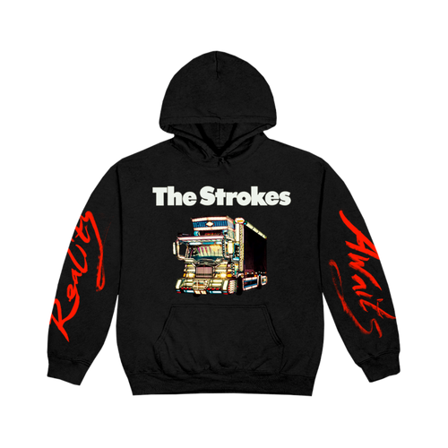 A black pullover hoodie featuring The Strokes logo across the chest with a bold dekotora design below, finished with oversized red script down both sleeves.