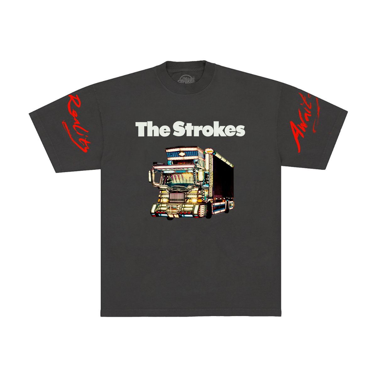 Dark grey t-shirt for the band The Strokes. The front features THE STROKES logo in white text above a colorful graphic of a dekotora truck with red script text on both sleeves.