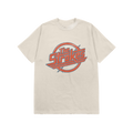 A short-sleeved t-shirt that features a large, striking The Strokes RedText graphic across the center of the chest depicting a highly detailed, vintage-style text with a circle around it. 
