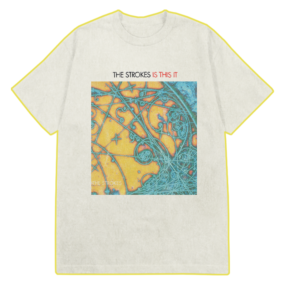 A beige colored t-shirt featuring a print of The Strokes Is This It album cover that features a colorful, abstract design with blue and orange predominating, and the band's name at the bottom left in white with with "THE STROKES IS THIS IT" text above the album art. 