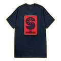 Navy colored t-shirt with a red printed logo with 'The Strokes' and a big 'S' design visible in the negative space. 