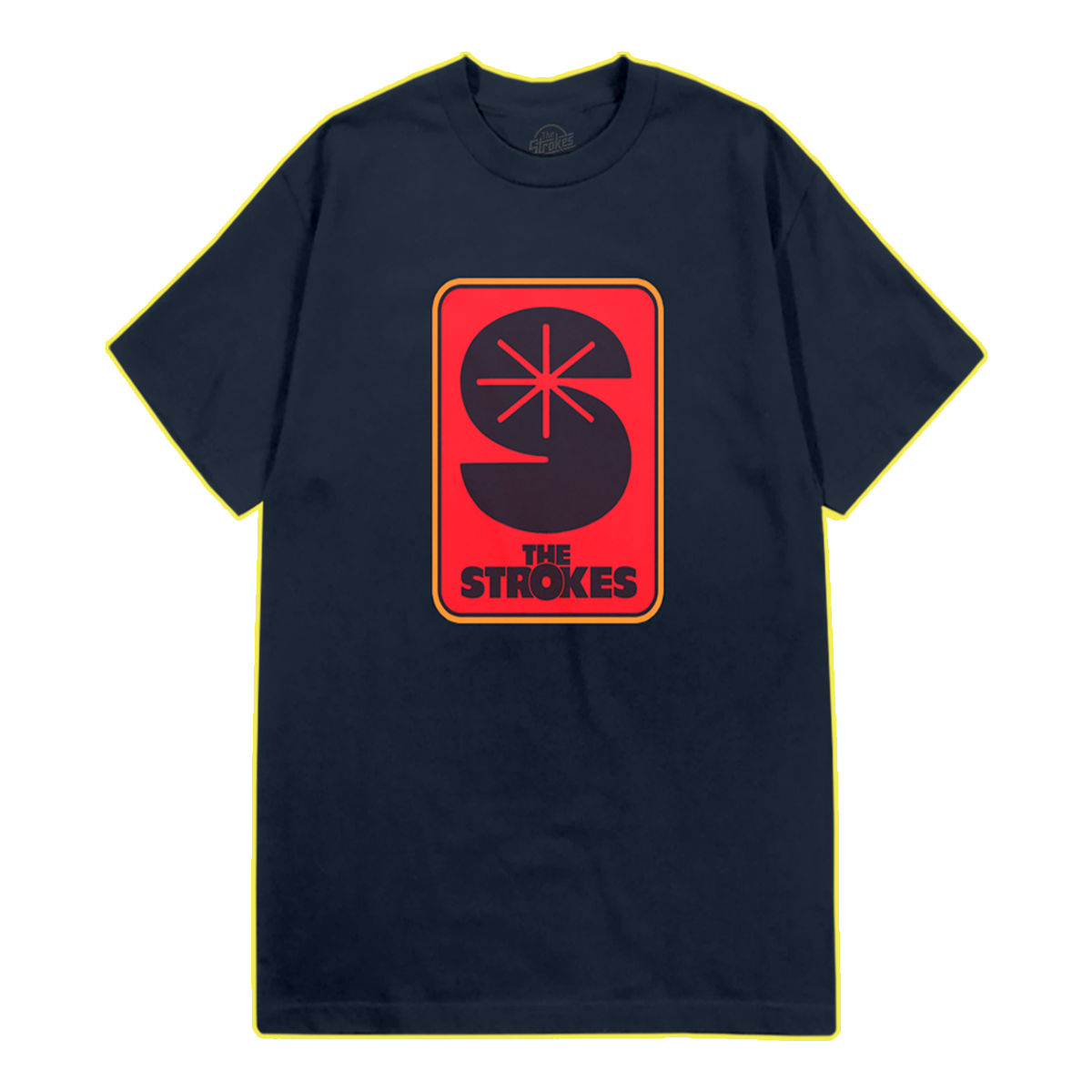 Navy colored t-shirt with a red printed logo with 'The Strokes' and a big 'S' design visible in the negative space. 
