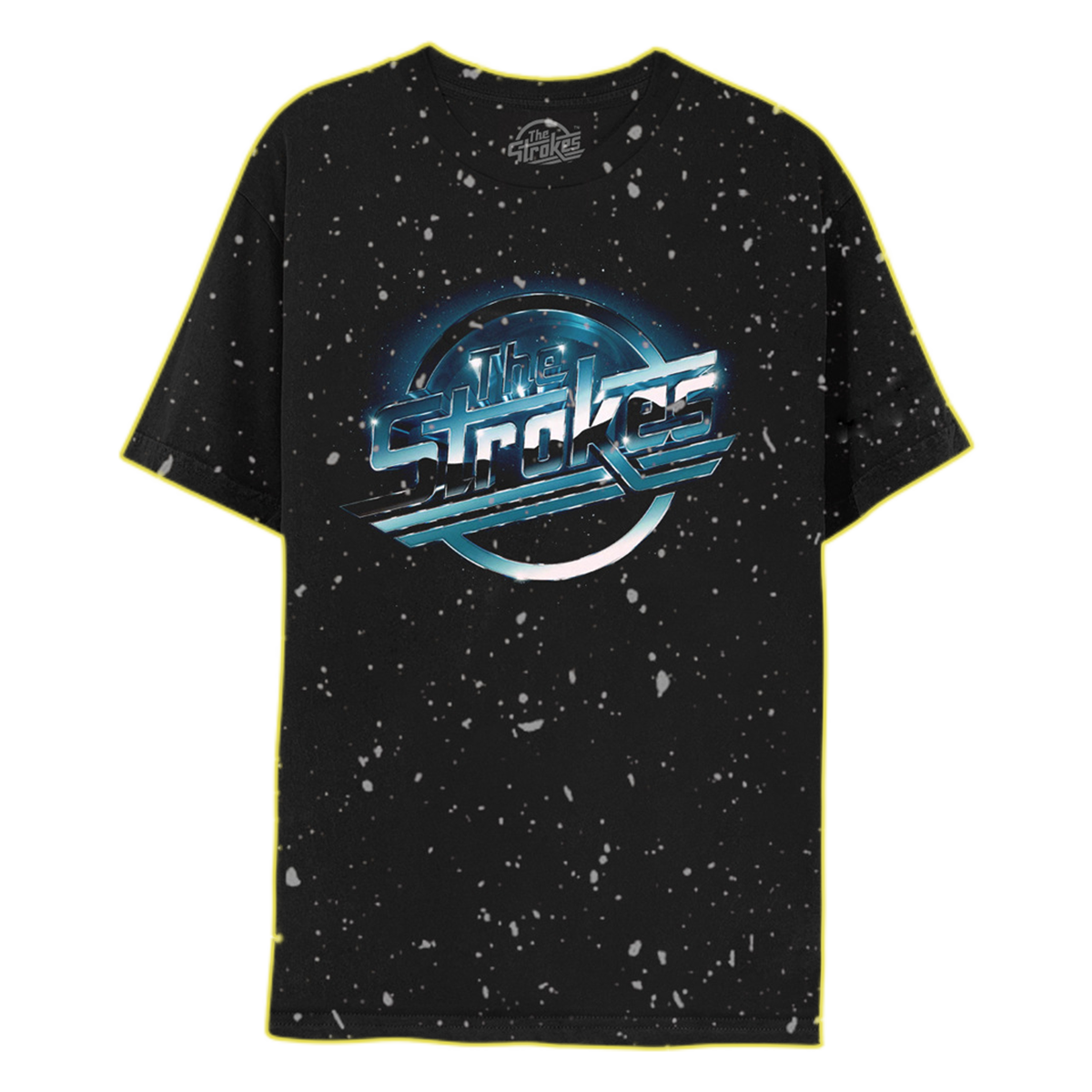 A black t-shirt with a 'The Strokes' logo printed in the center, surrounded by a splatter paint design. 