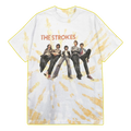 A white tie-dye t-shirt with a photo print of The Strokes band on the front with 'THE STROKES' text above the band. 