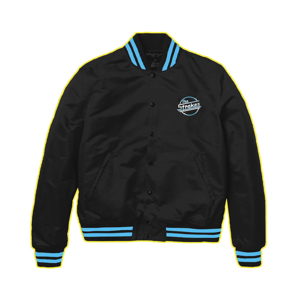 A black, Starter varsity jacket with blue trim on the collar, bottom, and cuffs, featuring the 'Strokes Magna' logo on the left pocket area.