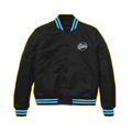 A black, Starter varsity jacket with blue trim on the collar, bottom, and cuffs, featuring the 'Strokes Magna' logo on the left pocket area.