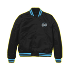 A black, Starter varsity jacket with blue trim on the collar, bottom, and cuffs, featuring the 'Strokes Magna' logo on the left pocket area.