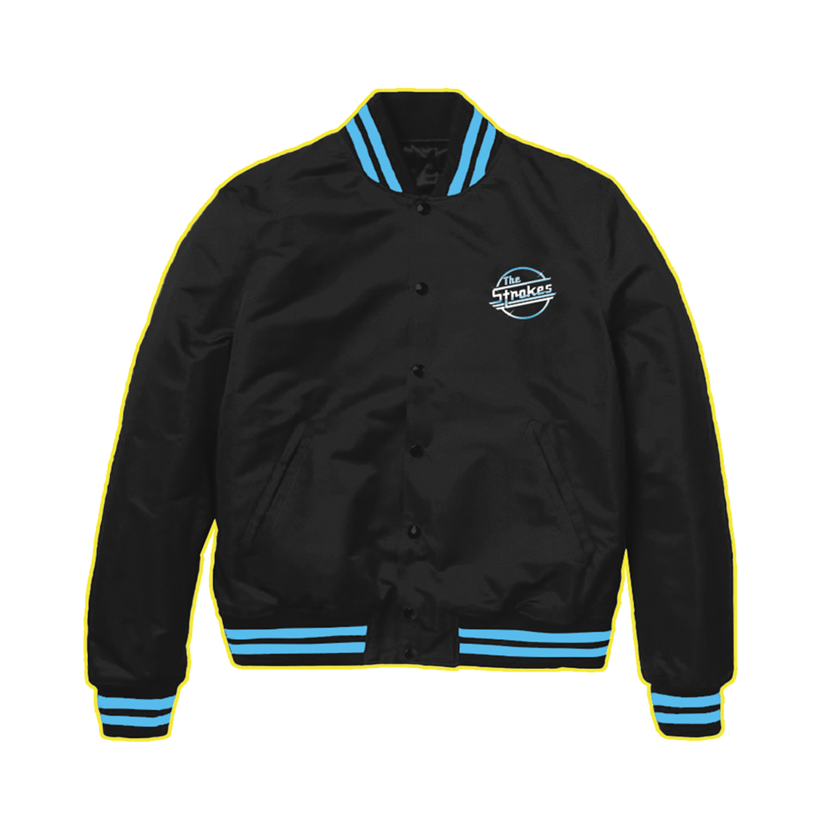 A black, Starter varsity jacket with blue trim on the collar, bottom, and cuffs, featuring the 'Strokes Magna' logo on the left pocket area.