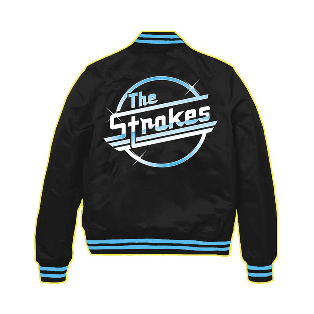 A black, Starter varsity jacket with blue trim on the collar, bottom, and cuffs, featuring the 'Strokes Magna' logo across the back. .