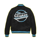 A black, Starter varsity jacket with blue trim on the collar, bottom, and cuffs, featuring the 'Strokes Magna' logo across the back. .